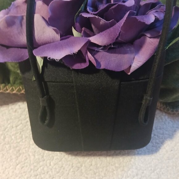 Women's Black  Bucket Bag with Purple Fabric Flowers on Top - Picture 11 of 14